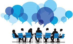 Abstract RoundTable Discussion, people sitting at tables with speech bubbles
