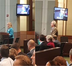 Photo Collage of Holly and Lars testifying at meeting.