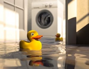 Rubber ducks floating in flooded space.