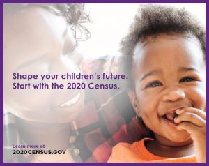 A mother and child smiling with text over the image about the 2020 Census.